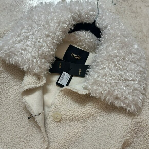 NWT. Maje Ivory-white wide collar faux-fur coat. Size 40T. - Picture 8 of 9
